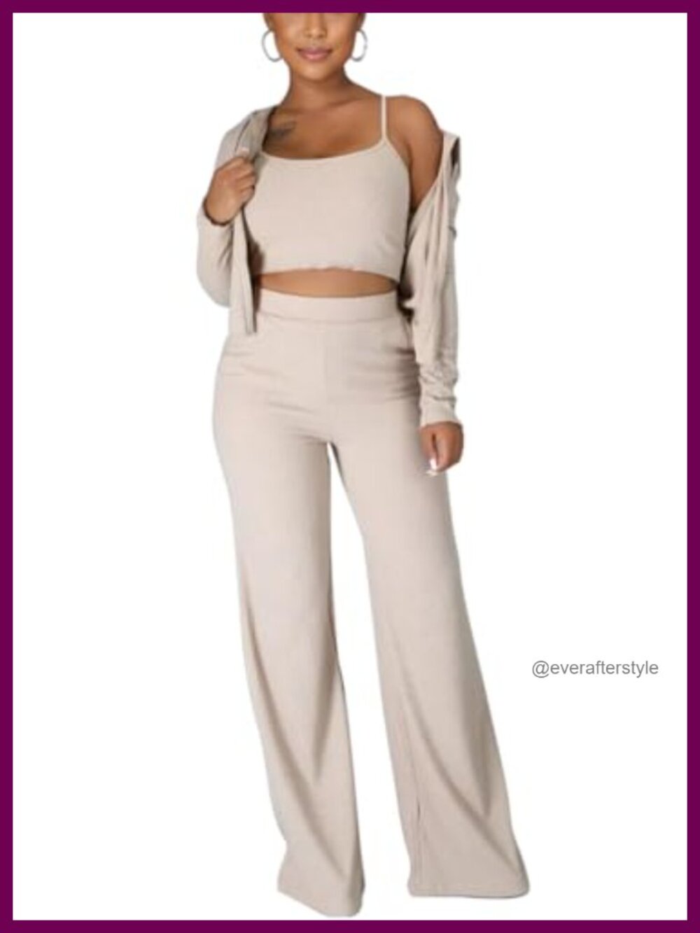 Women's 3 Piece Ribbed Knit Lounge Set Cardigan Crop Top Wide Leg Pants